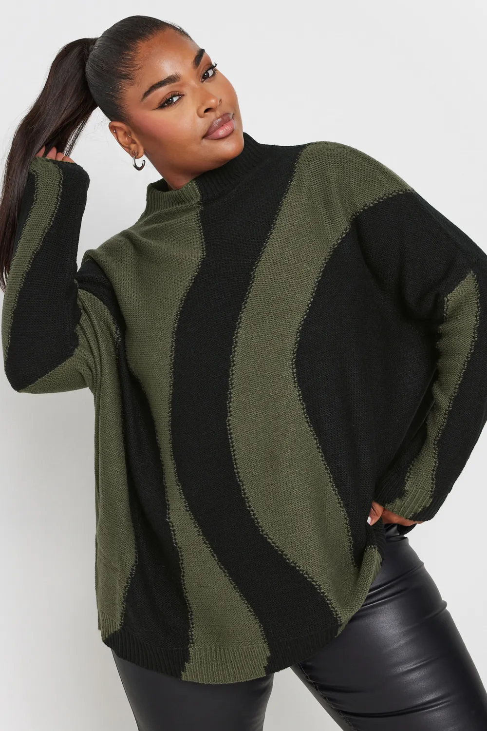 YOURS Curve Khaki Green Swirl Oversized Knitted Jumper