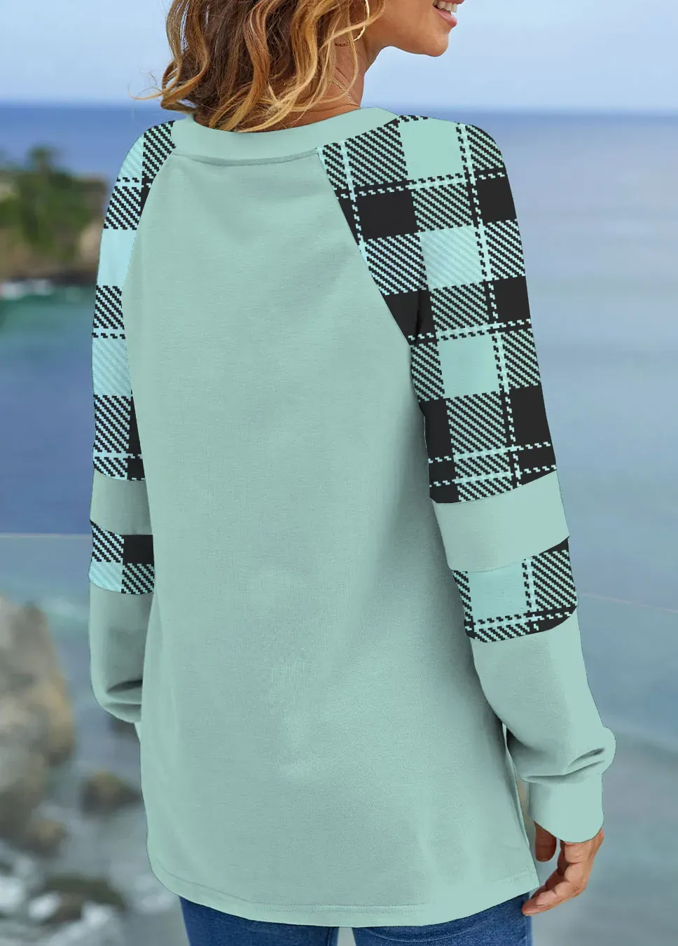 Mint Green Tartan Print Long Sleeve Sweatshirt