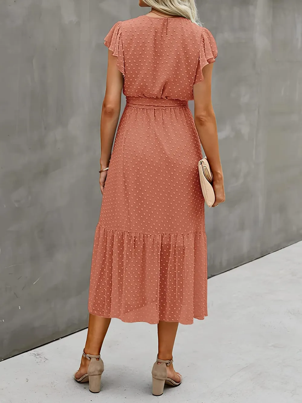 Women Summer Bohemian Floral Casual Wrap V Neck Ruffle Cap Sleeveless Belt A-Line Pleated Hem Swing Midi Sun Dress