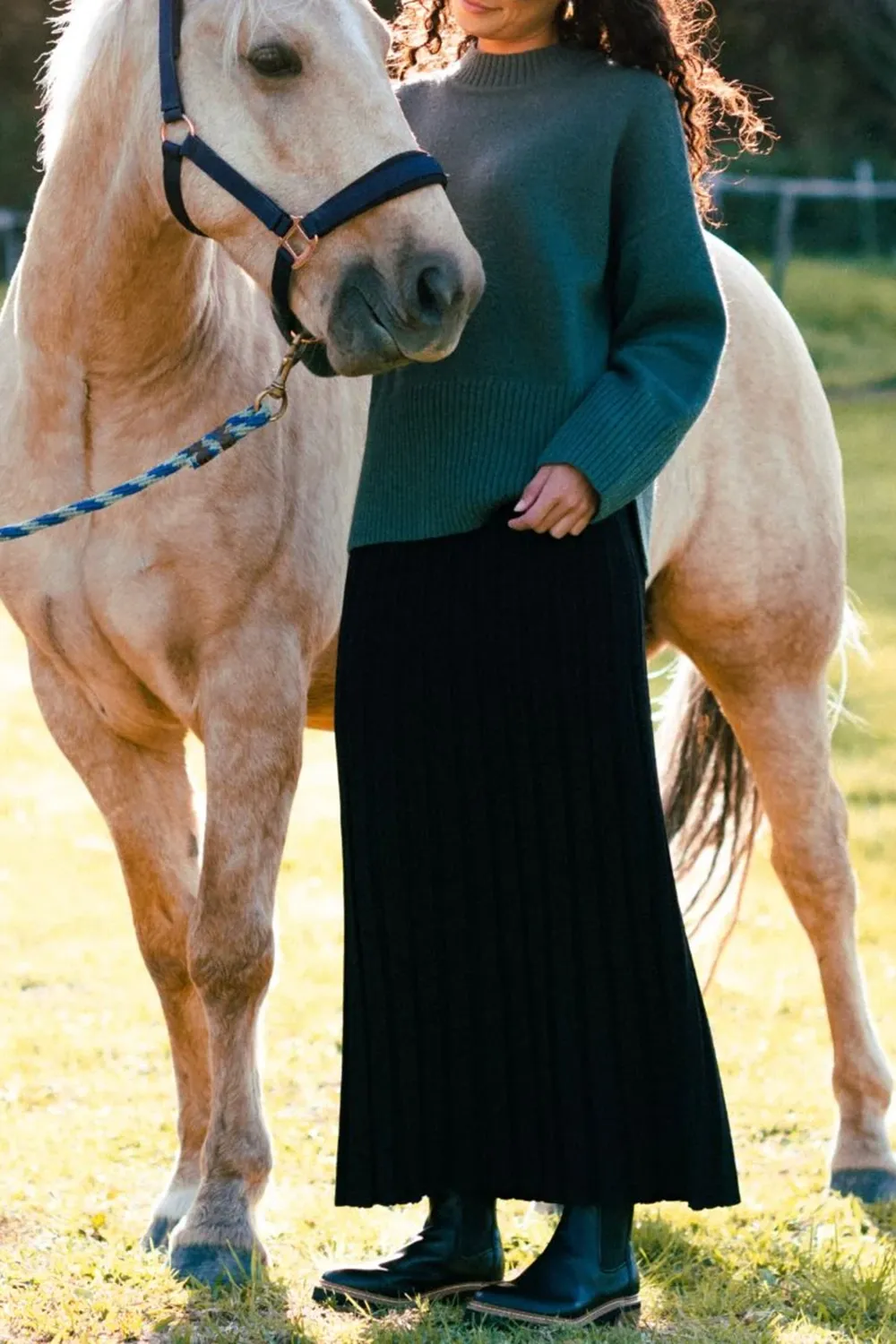 Black Pleated Knit Maxi Skirt