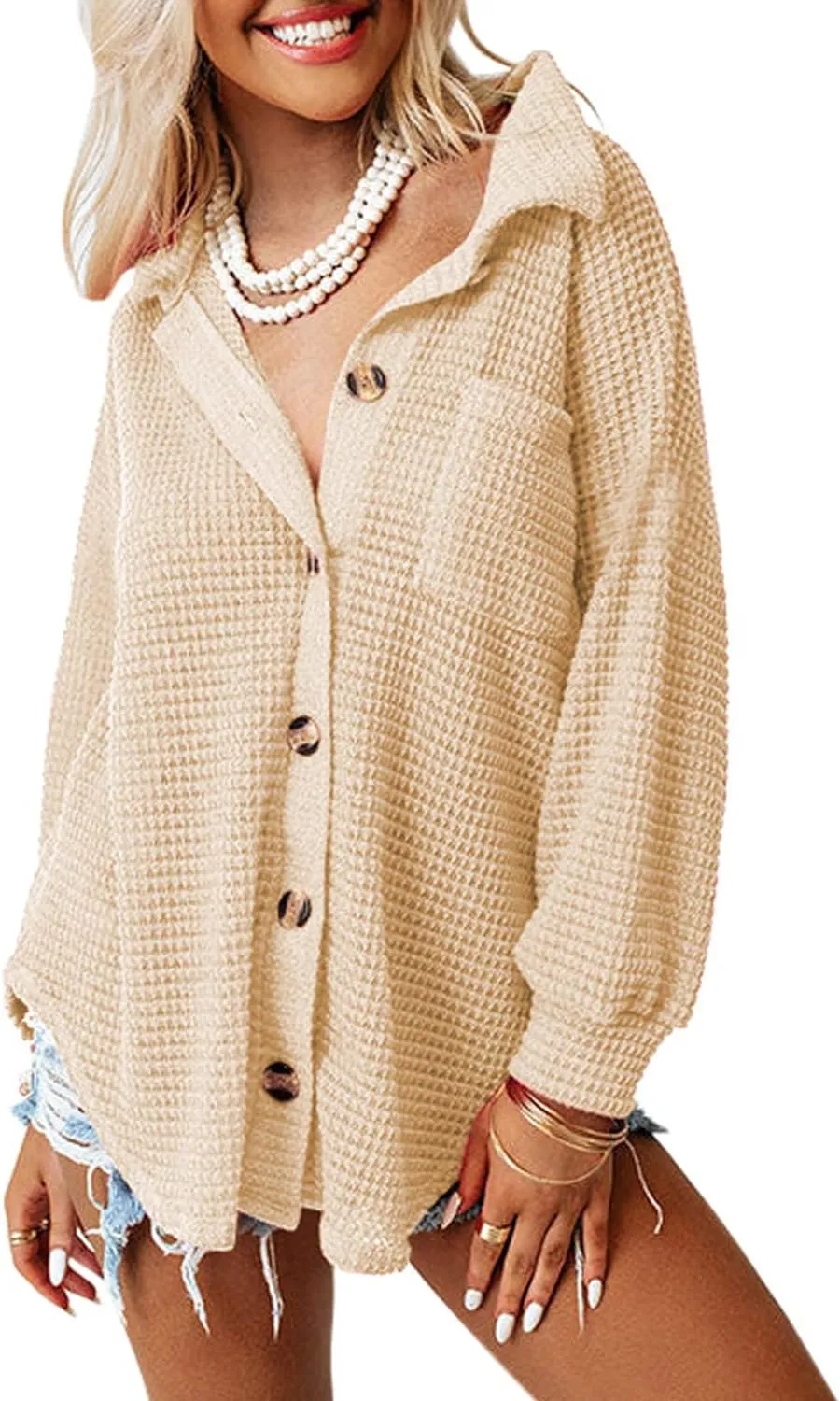 Womens Waffle Knit Button Down Shirts Casual Long Sleeve Shacket Jacket Boyfriend Tops Blouses Loose Fit
