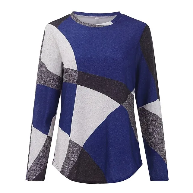 Women's T shirt Tee Red Blue Purple Geometic Color Block Office Basic Round Neck Fall Winter Fall & Winter