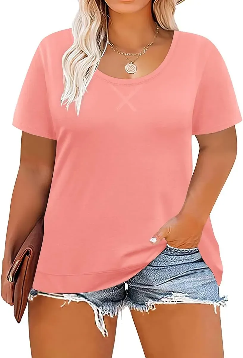 TIYOMI Plus Size T Shirt for Women Short Sleeve Tunic Cross Line Shirts Round Neck Tops Summer Blouse XL-5XL 14-28