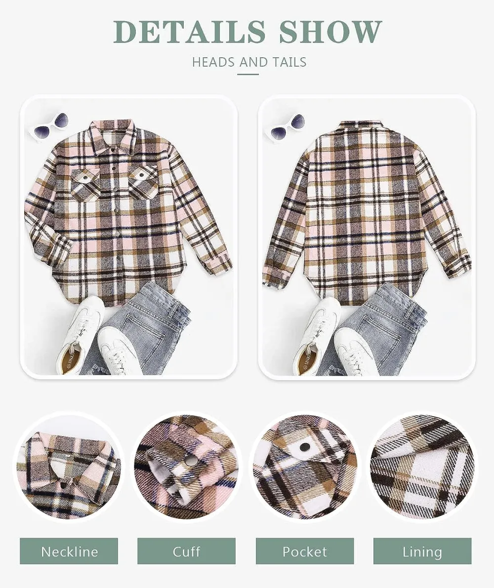 Women's Flannel Plaid Shacket Long Sleeve Button Down Chest Pocketed Shirts Jacket Coats