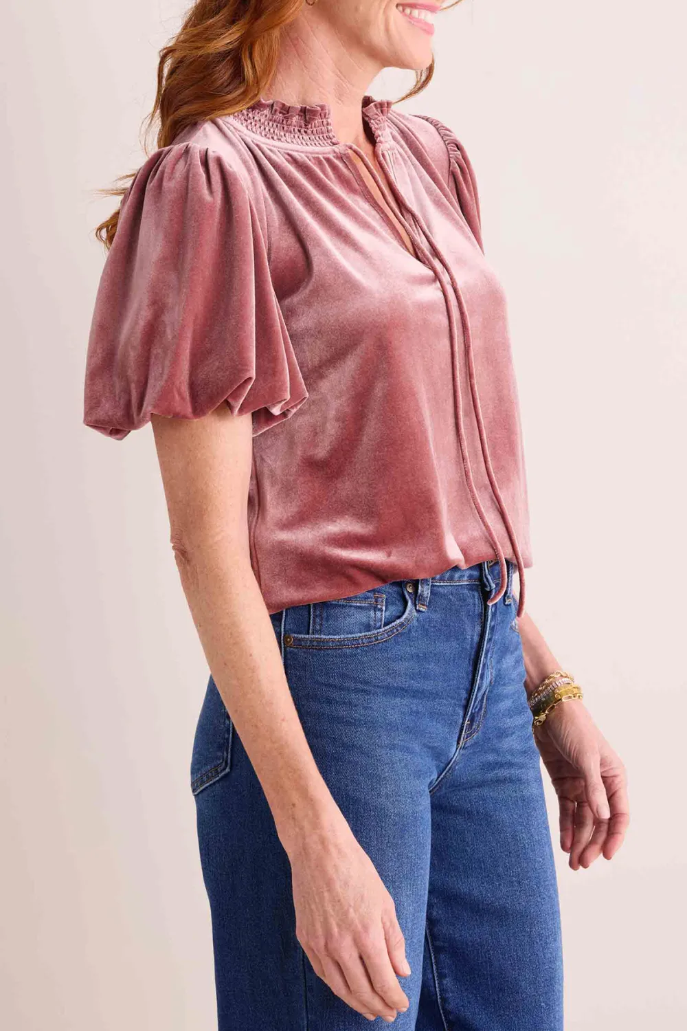 Pink Velvet Puff Sleeve Ruffled Neck Tie-Front Top