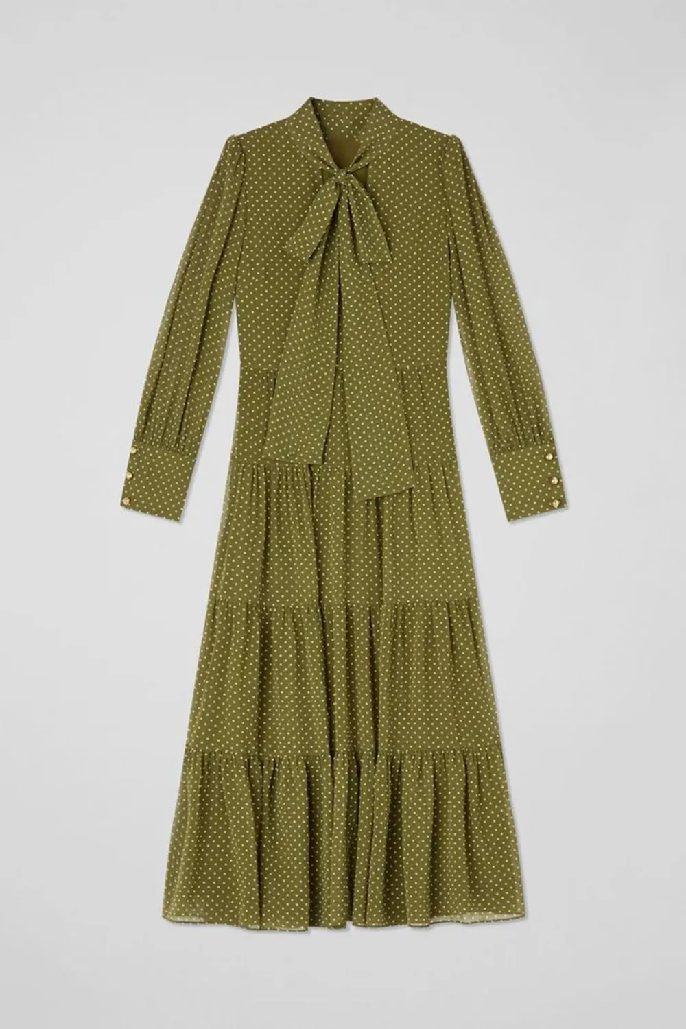 Green Polka Dot Tie Neck Tiered Dress