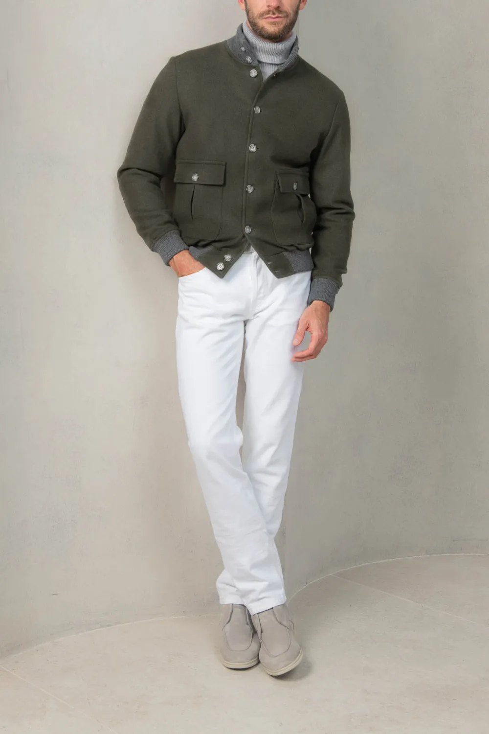 Green Super 180'S Wool Flannel Bomber Jacket