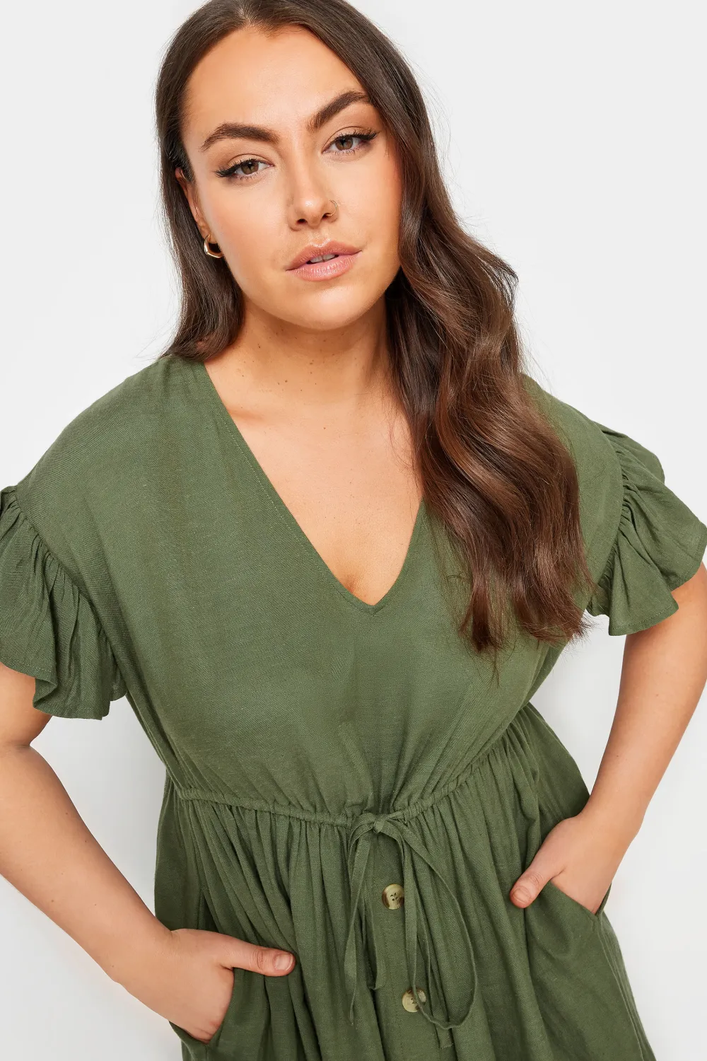 YOURS Curve Khaki Green Linen Maxi Dress