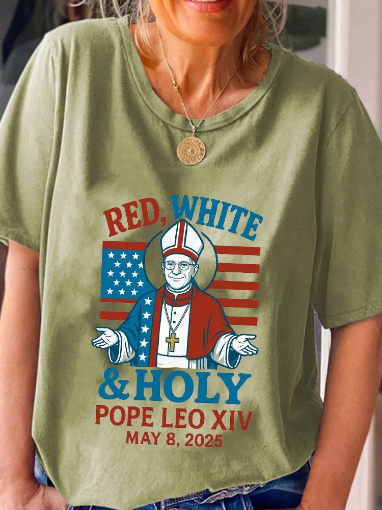 Women'S Red White And Holy Pope Leo Xiv 8th May 2025 Round-Neck Short-Sleeved T-Shirt