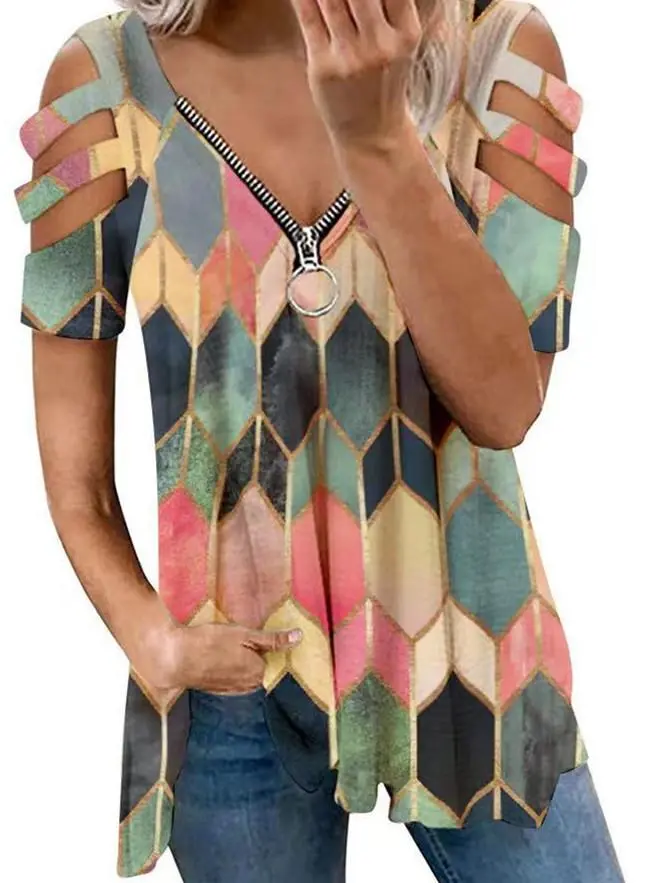 Women Short Sleeve V-neck Floral Printed Geometric Top