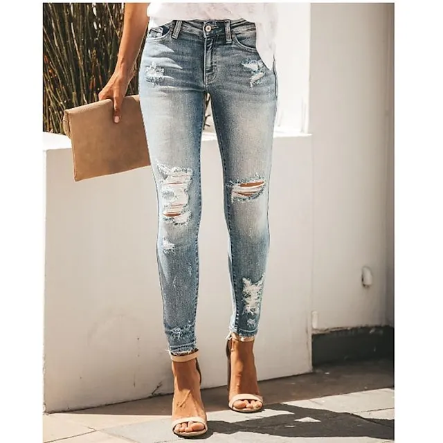Women‘s Low Rise Jeans Skinny Pants Trousers Ankle-Length Denim Side Pockets Cut Out Micro-elastic Mid Waist Fashion Casual Weekend Light Blue S M