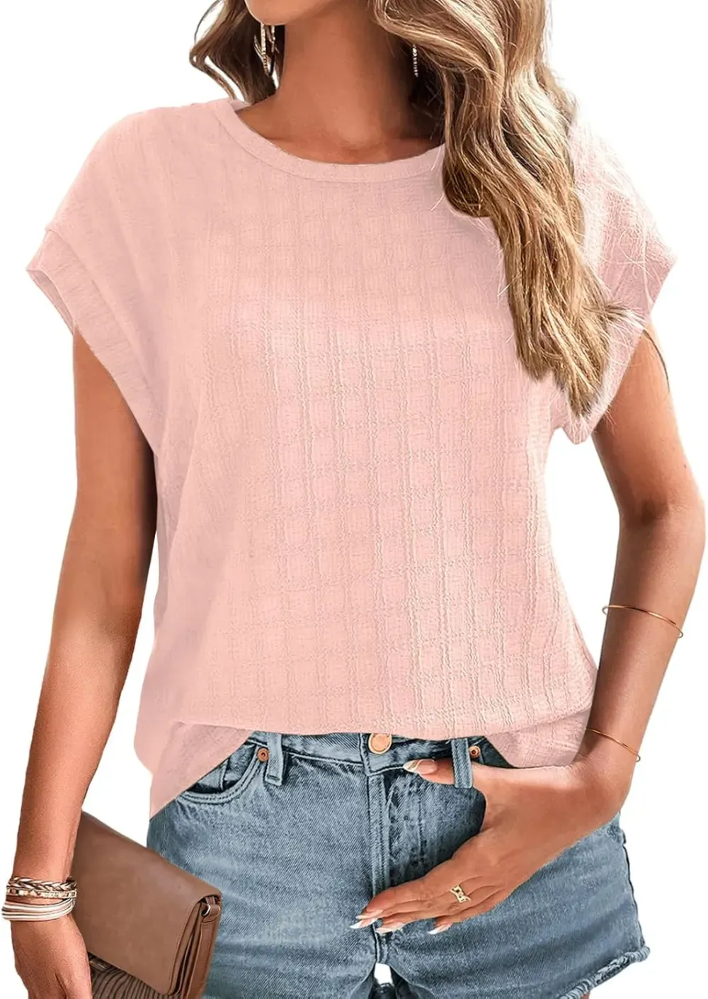 Dokotoo Tops for Women Trendy Summer Casual Cap Short Sleeve Basic Textured Solid Color Round Neck T Shirts Blouse