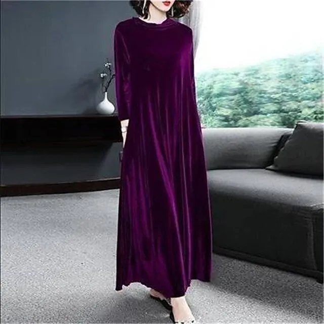 Women‘s Velvet Dress Shift Dress Caftan Dress Long Dress Maxi Dress Green Black Purple Long Sleeve Pure Color Pocket Winter Fall Spring Crew Neck Mature Winter Dress Daily Vacation 2023