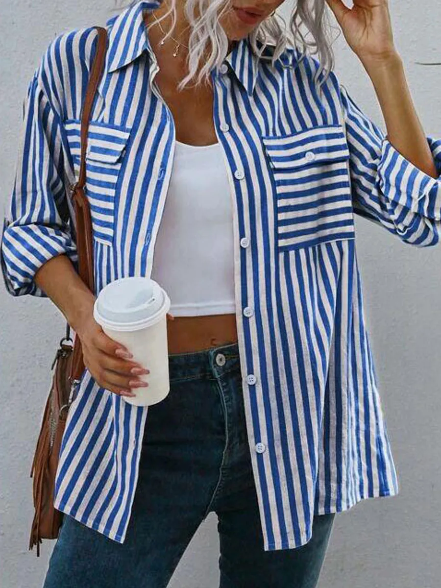 Casual Loose Striped Print Cardigan Long Sleeve Blouse