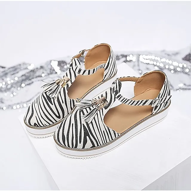 Women's Sandals Platform Sandals Plus Size Outdoor Daily Walking Summer Tassel Platform Flat Heel Round Toe Closed Toe Vintage Casual Faux Leather Synthetics Buckle Solid Color Solid Colored Black