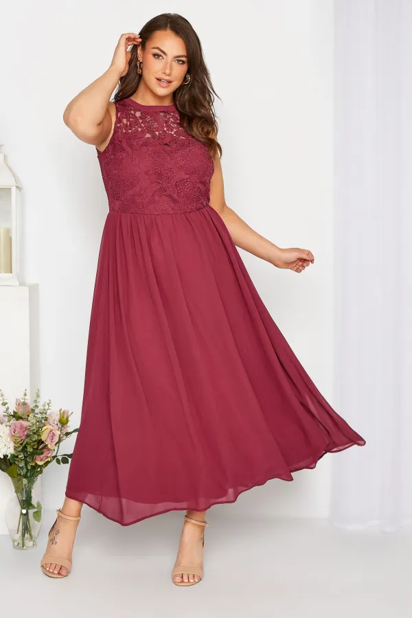 YOURS LONDON Curve Burgundy Red Lace Front Chiffon Maxi Dress