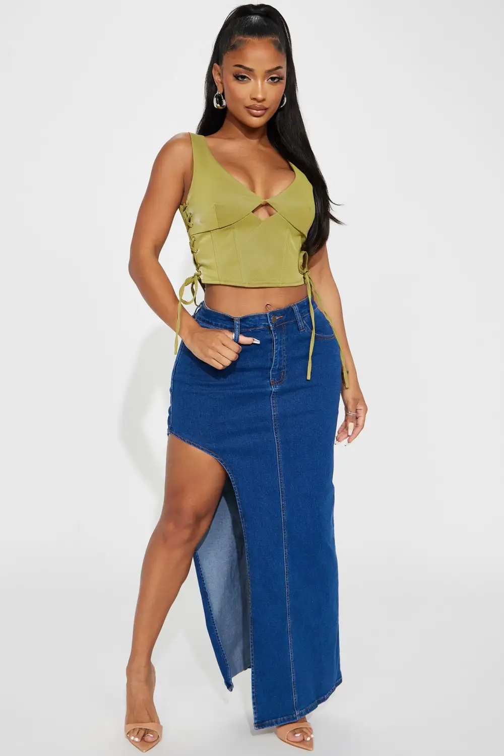 Maebri Faux Leather Corset Top - Chartreuse