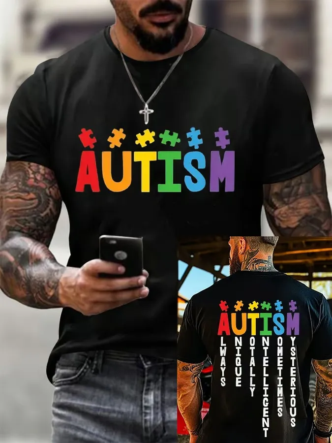 Men'S T-Shirt Men'S Retro Autism Is Always Unique Totally Smart Autism Awareness Printed Round Neck T-Shirt