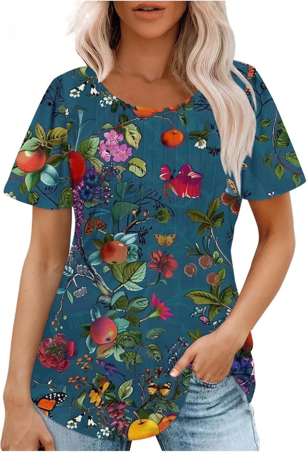 Womens Summer Pleated Front Shirts Tunics Casual Short Sleeved Loose Round Neck Boho Printed Tops Vacation Blouse