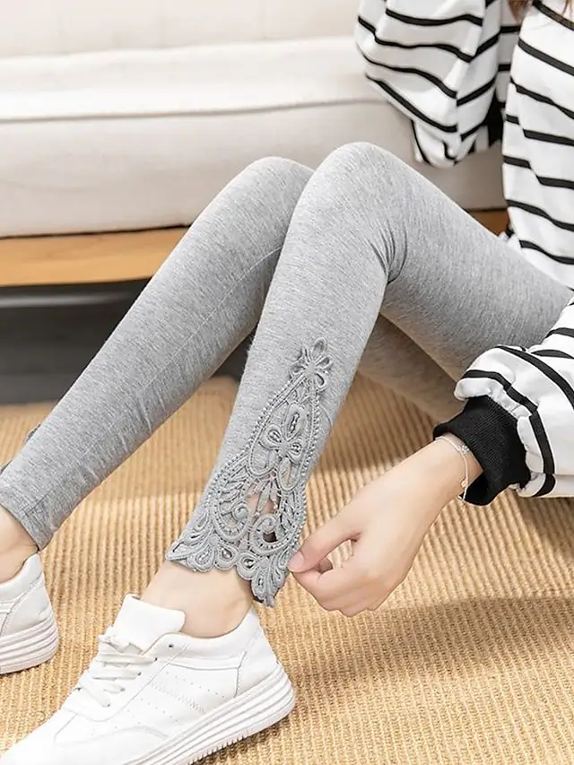 Women's Leggings Black White Grey Fashion Casual Daily Lace Ankle-Length Tummy Control Solid Colored L XL 2XL 3XL 4XL