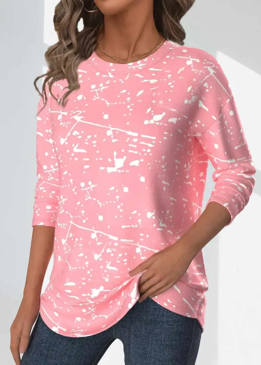 Light Pink Geometric Print Long Sleeve T Shirt