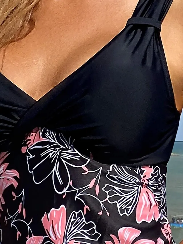 Women's Swimwear Tankini 2 Piece Normal Swimsuit 2 Piece Printing Floral Black Pink Red Navy Blue Royal Blue Tank Top Bathing Suits Sports Beach Wear Summer