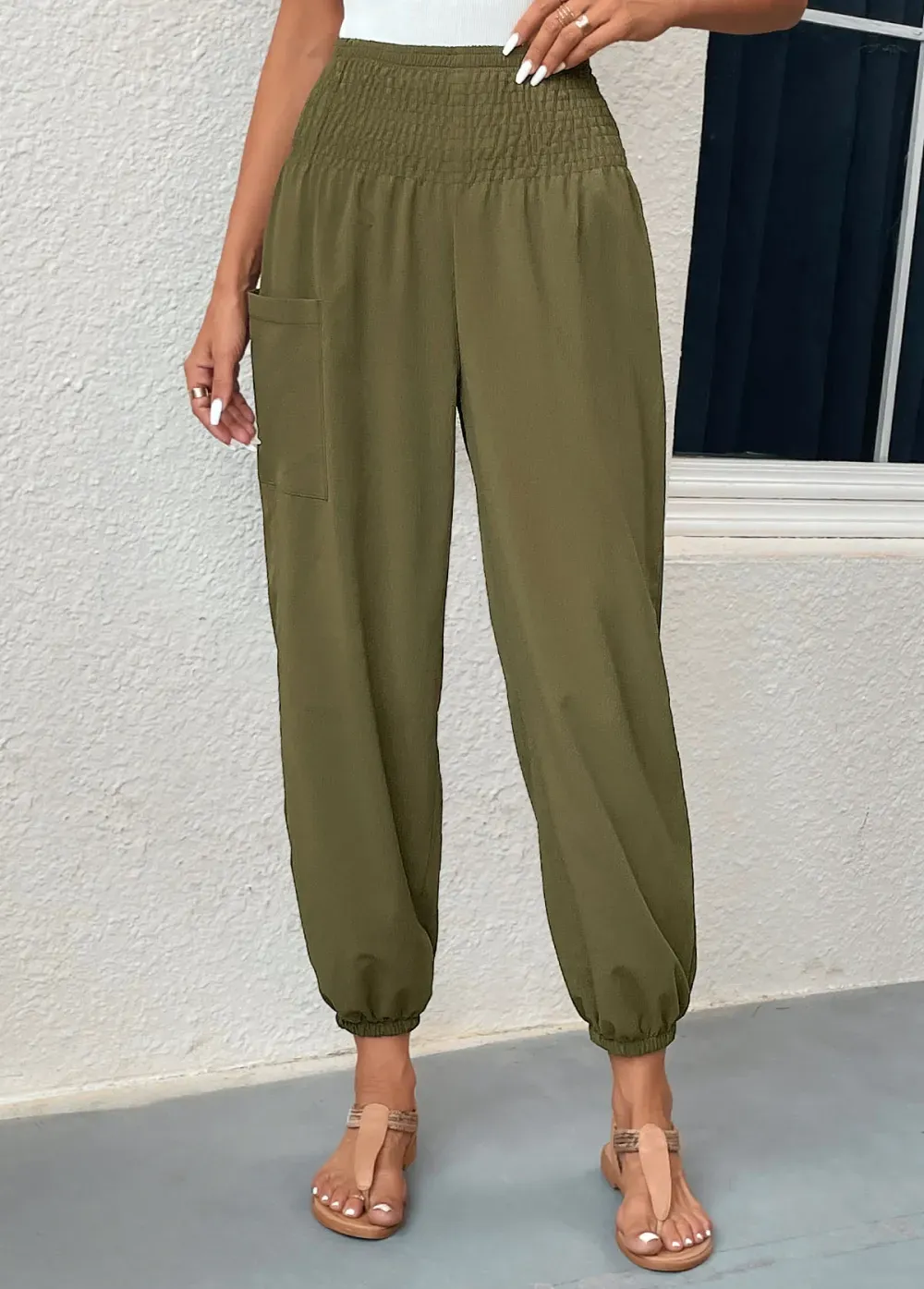 Blackish Green Smocked Regular Elastic Waist Pants