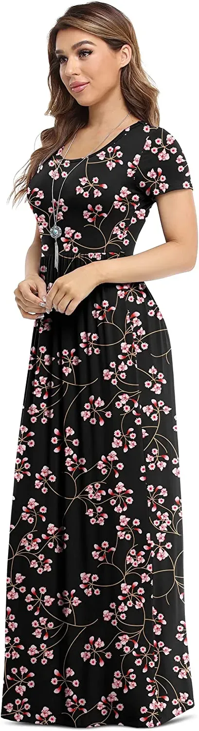Women's Short Sleeve Loose Plain Maxi Dresses Casual Long Dresses with Pockets