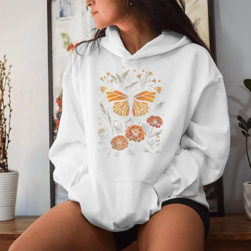 Vintage Monarch Butterfly Cute Zinnias Flower Girl Plant Mom Women Hoodie