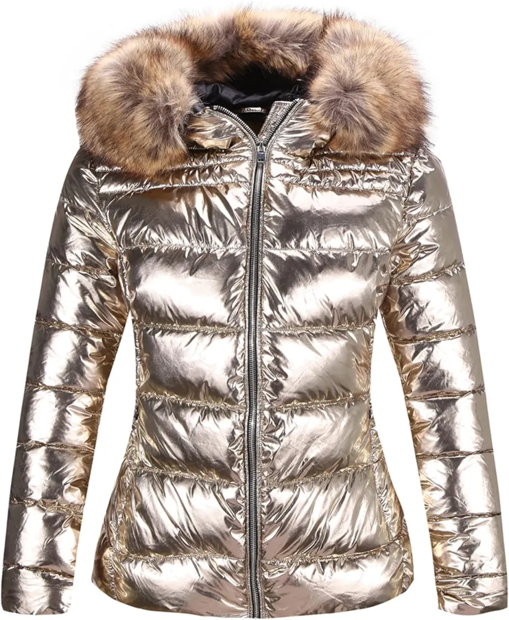Womens Lightweight Puffer Jacket, Winter Coats for Women Warm Quilted Bubble Padded Hood Coat with Faux Fur Collar