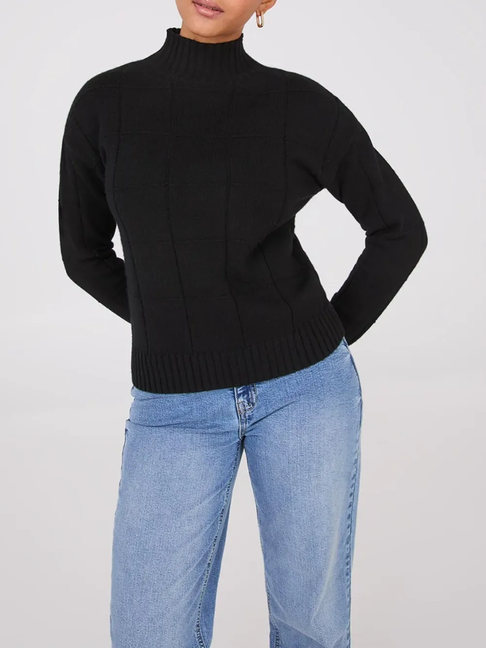 Square Pattern Mock Neck Sweater