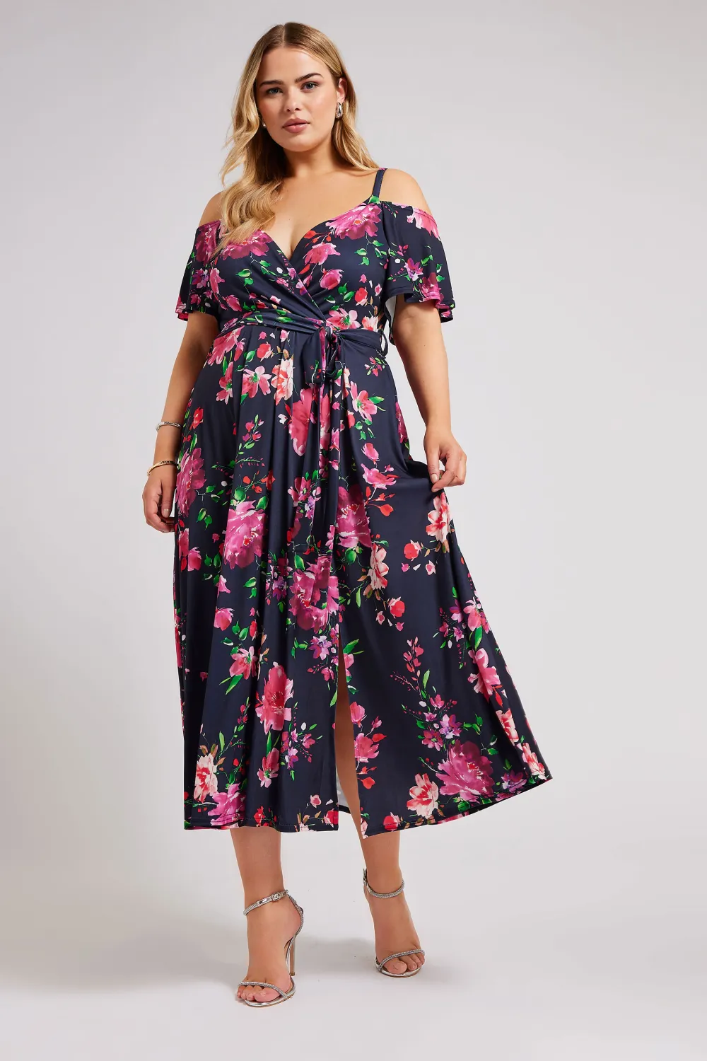 YOURS LONDON Curve Red & Blue Floral Bardot Maxi Dress