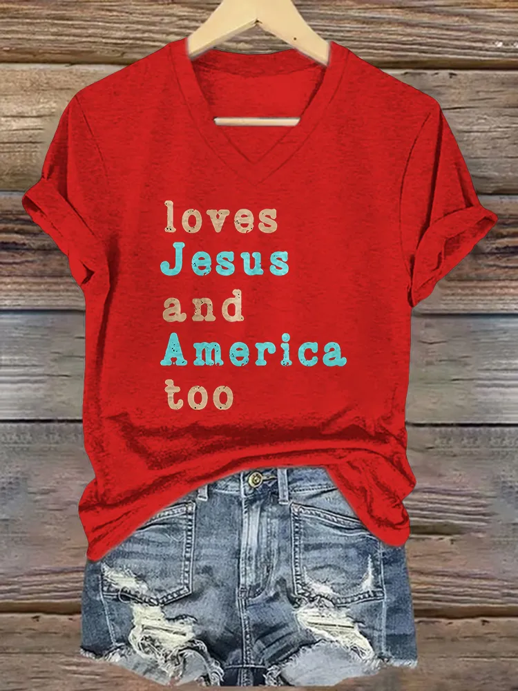 Women'S Loves Jesus Ang America Too T-Shirt