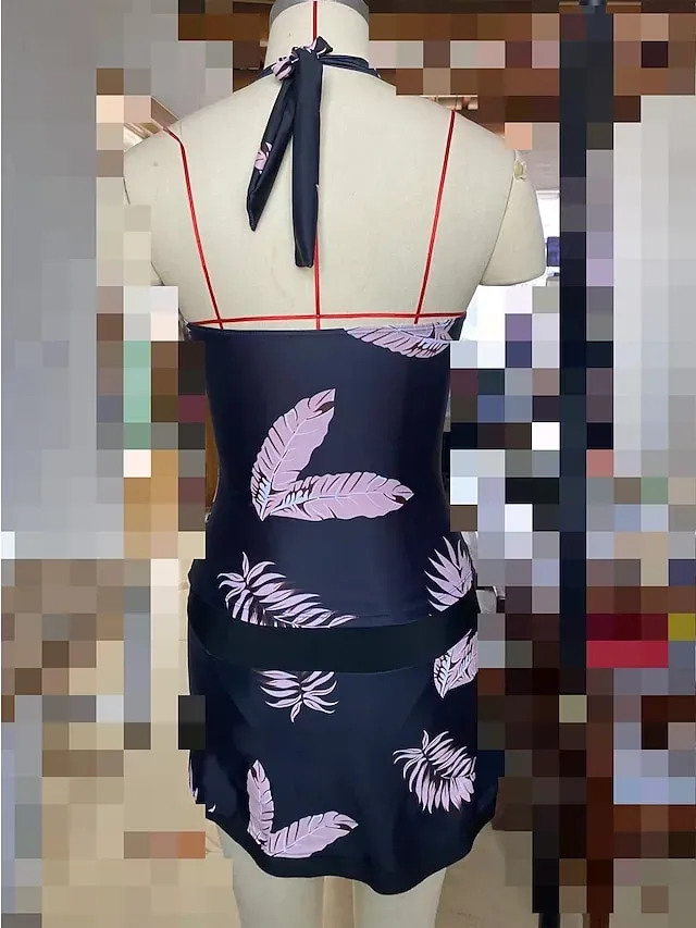 Women's Swimwear Tankini 2 Piece Plus Size Swimsuit Open Back Printing for Big Busts Trees / Leaves Black Halter V Wire Bathing Suits New Vacation Fashion / Modern / Padded Bras