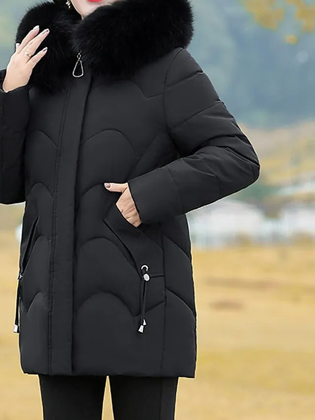 Women's Parka Warm Breathable Outdoor Street Daily Wear Going out Zipper Pocket Fur Collar Zipper Hoodie Fashion Modern Casual Street Style Solid Color Regular Fit Outerwear Long Sleeve Fall Winter