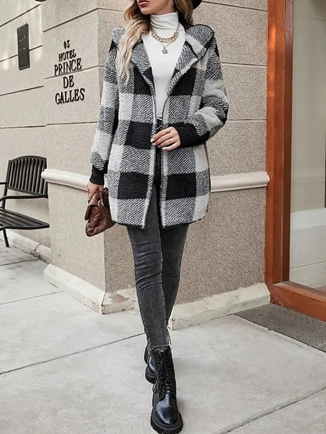 Women's Fleece Jacket Teddy Coat Hoodie Jacket Warm Breathable Street Daily Wear Vacation Going out Pocket Fleece Lined Open Front Hoodie Casual Street Style Stripes and Plaid Regular Fit Outerwear