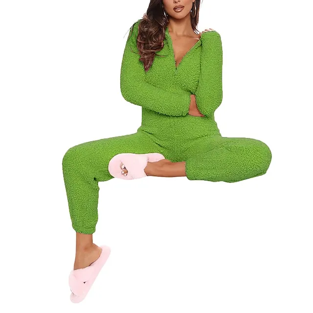 Women's Flannel Adult Onesies Onesie Pajamass Pajama for Adult Jumpsuits Nighty Pure Color Simple Comfort Party Home Christmas  Warm Gift Hoodie Long Sleeve Fall Winter Black