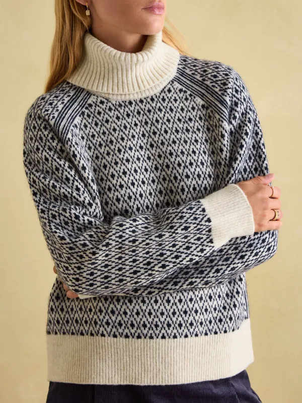 Cream/Navy Patterned Jumper with Detachable Roll Neck