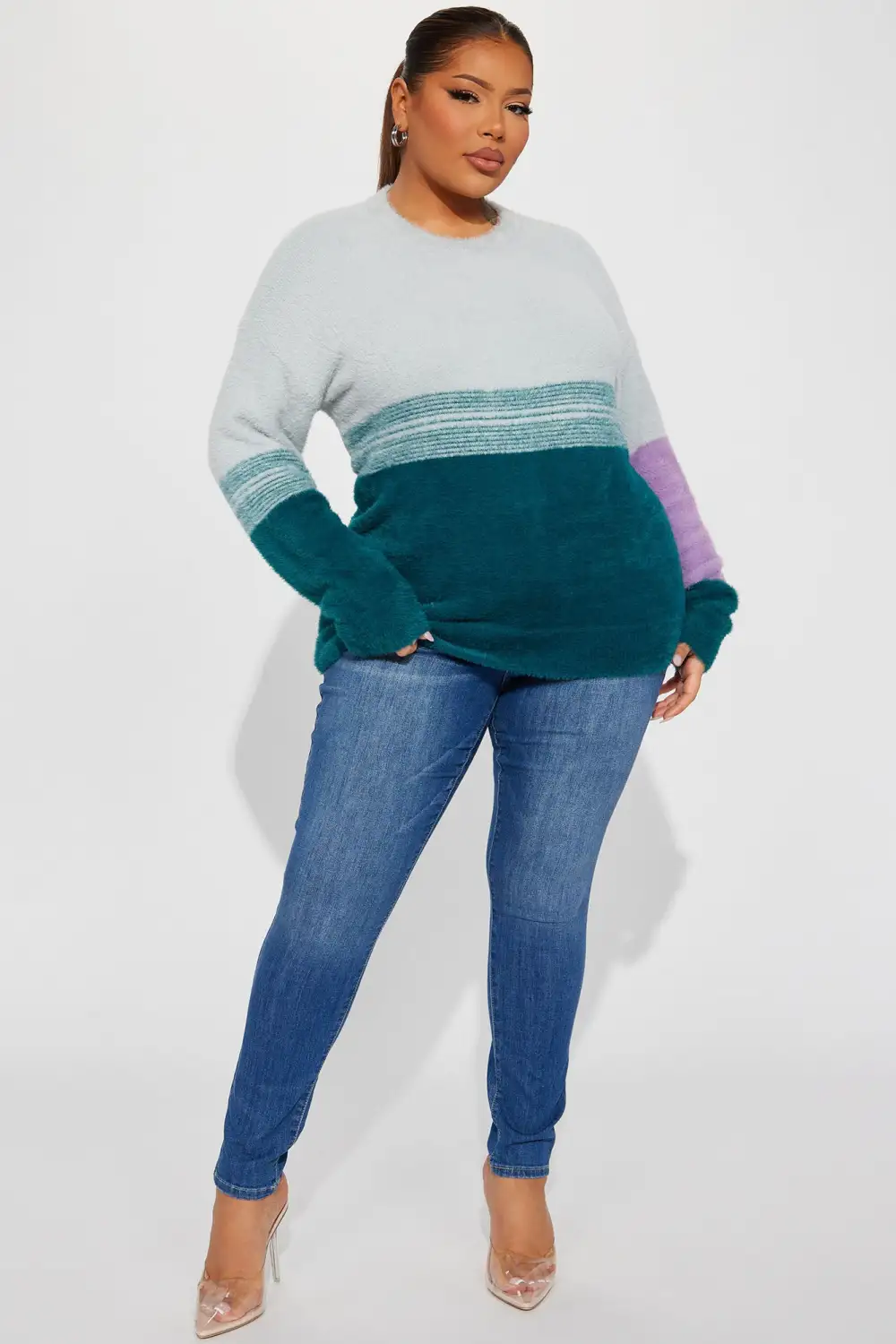 Braelyn Fuzzy Sweater - Teal/combo