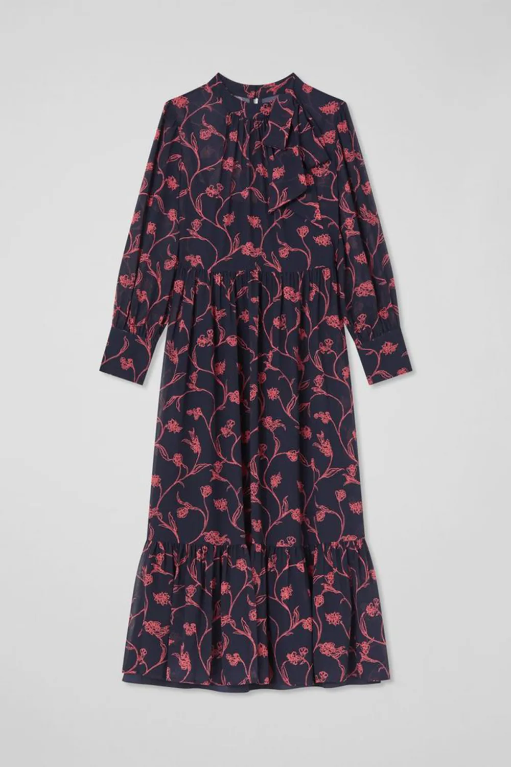 Dark Blue Pink Floral Long Sleeve Midi Dress