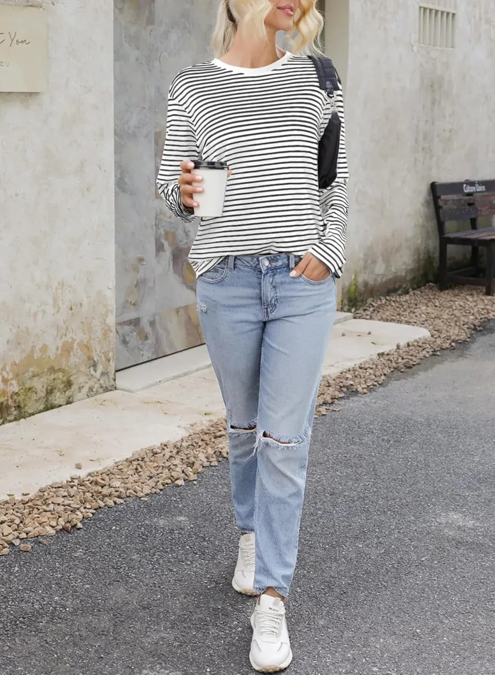 Dokotoo Women's Casual Striped Long Sleeve Tops Crew Neck Knit Ribbed Basic T Shirts