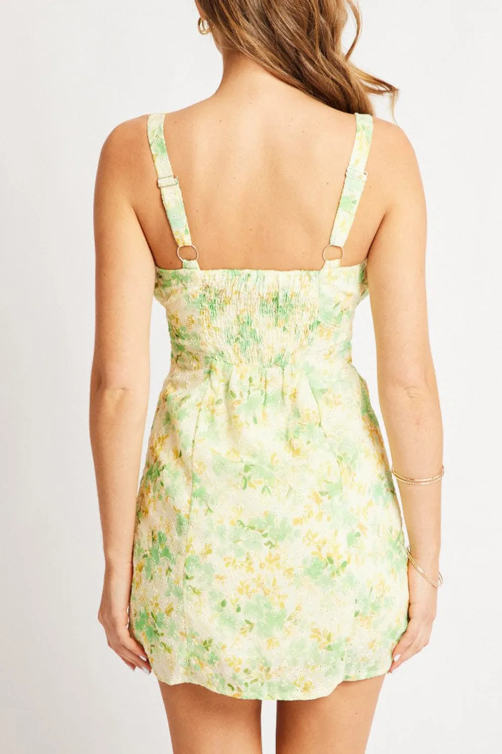 Green Floral Mini Dress Ruched Bust