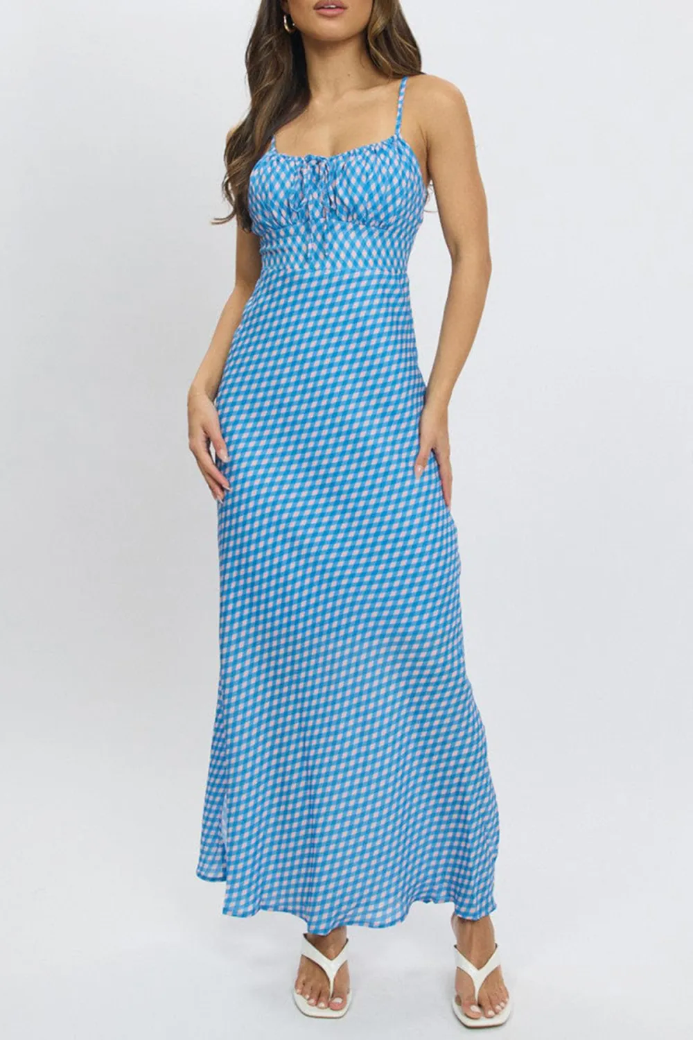 Blue Check Midi Dress Gathering Bust Sleeveless
