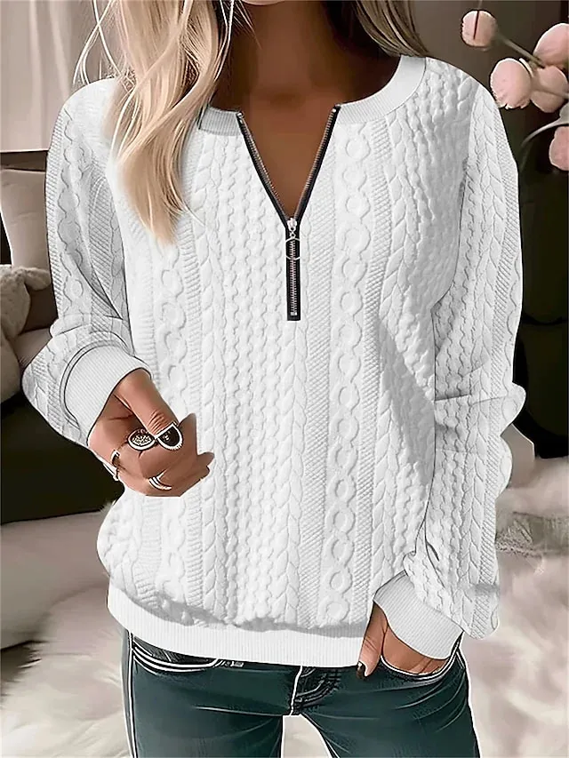 Women's Sweatshirt Pullover Textured Basic Quarter Zip White Pink Green Solid Color Street Casual Round Neck Long Sleeve Top Micro-elastic Fall & Winter