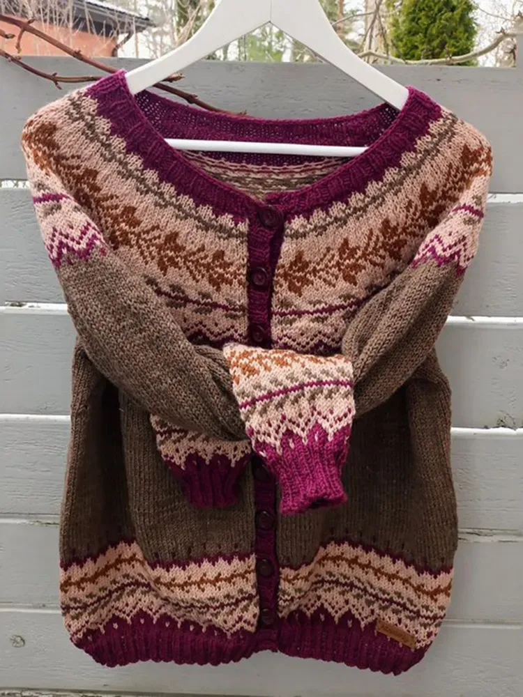 Vintage Ethnic Pattern Round Neck Long Sleeve Sweater Cardigan