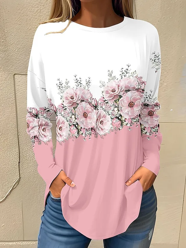 Women's T shirt Tee White Pink Red Floral Print Long Sleeve Holiday Weekend Basic Round Neck Regular Fit Floral Painting Fall & Winter