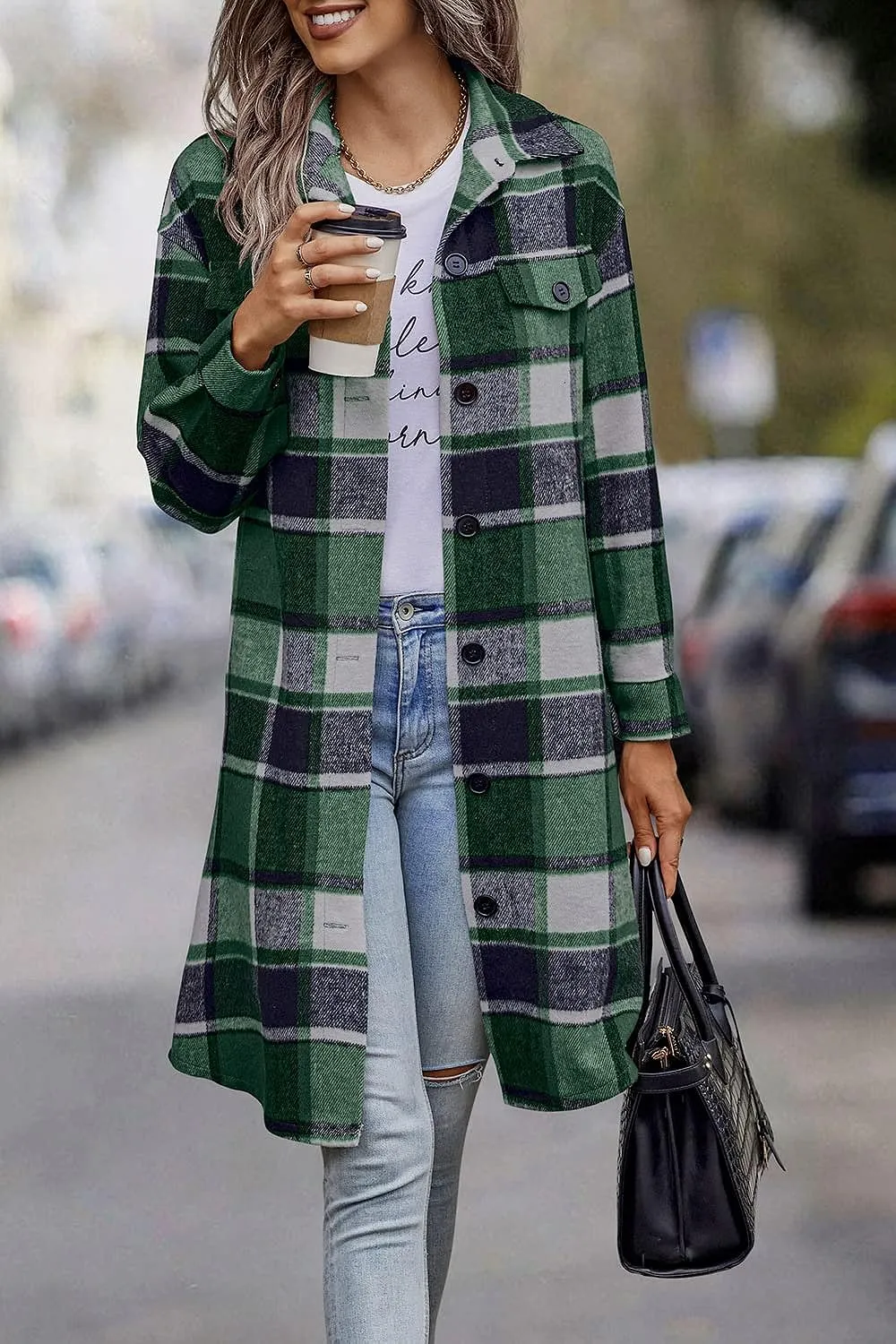 Women's Plaid Shacket 2023 Long Sleeve Button Up Flannel Shirt Winter Tartan Jacket Woolen Coats