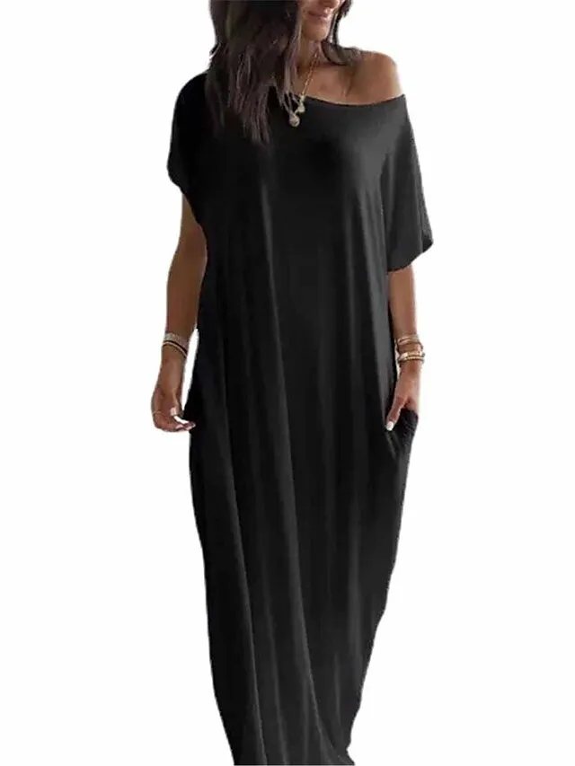 Women's Pajamas Nightgown Dress Pure Color Simple Casual Soft Home Daily Bed Polyester Breathable Short Sleeve Pocket Summer Spring Black White