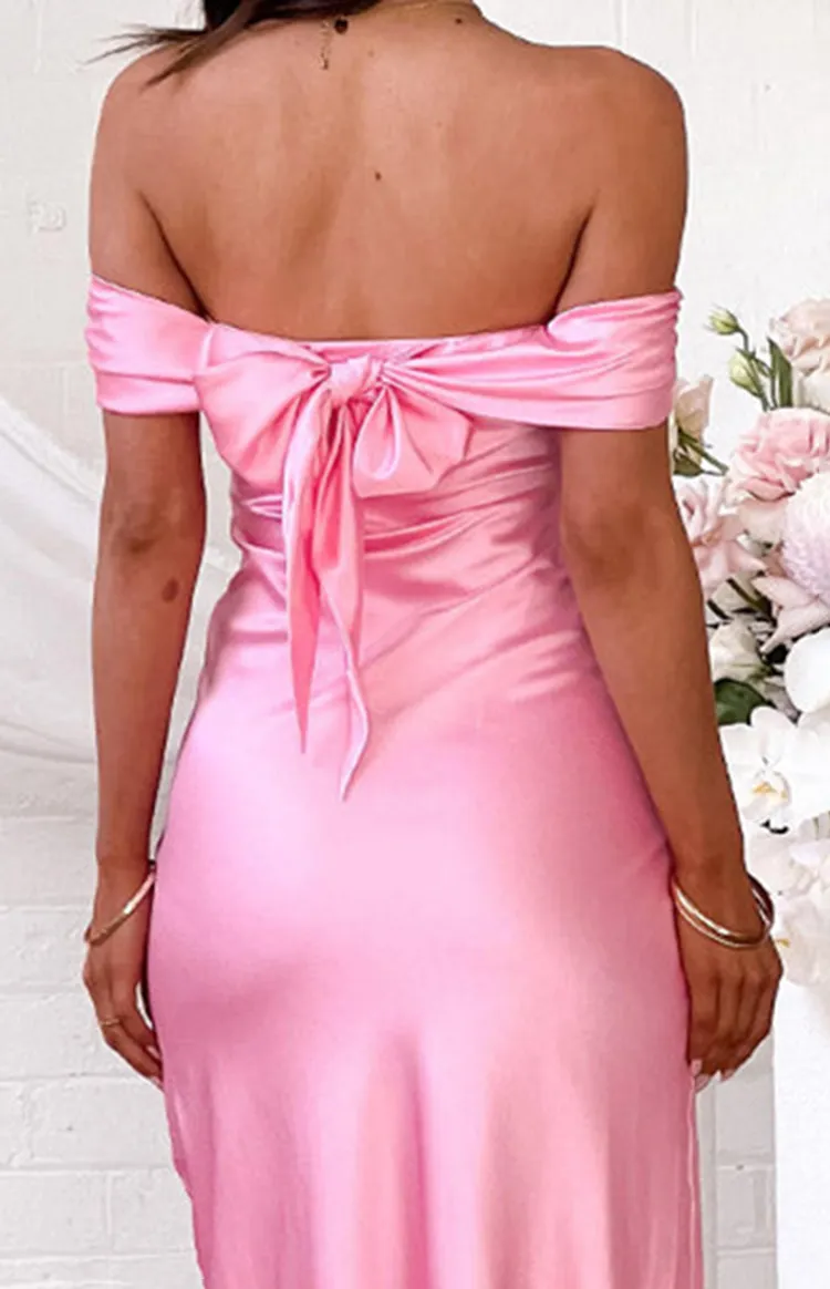 Off  Shoulder Pink Satin Maxi Dress