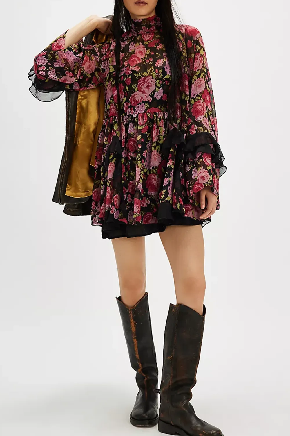 High Neck Lantern Sleeve Floral Mini Dress